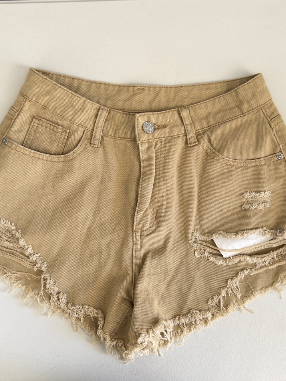 SHEIN Tan Distressed High-Waist Jean Shorts